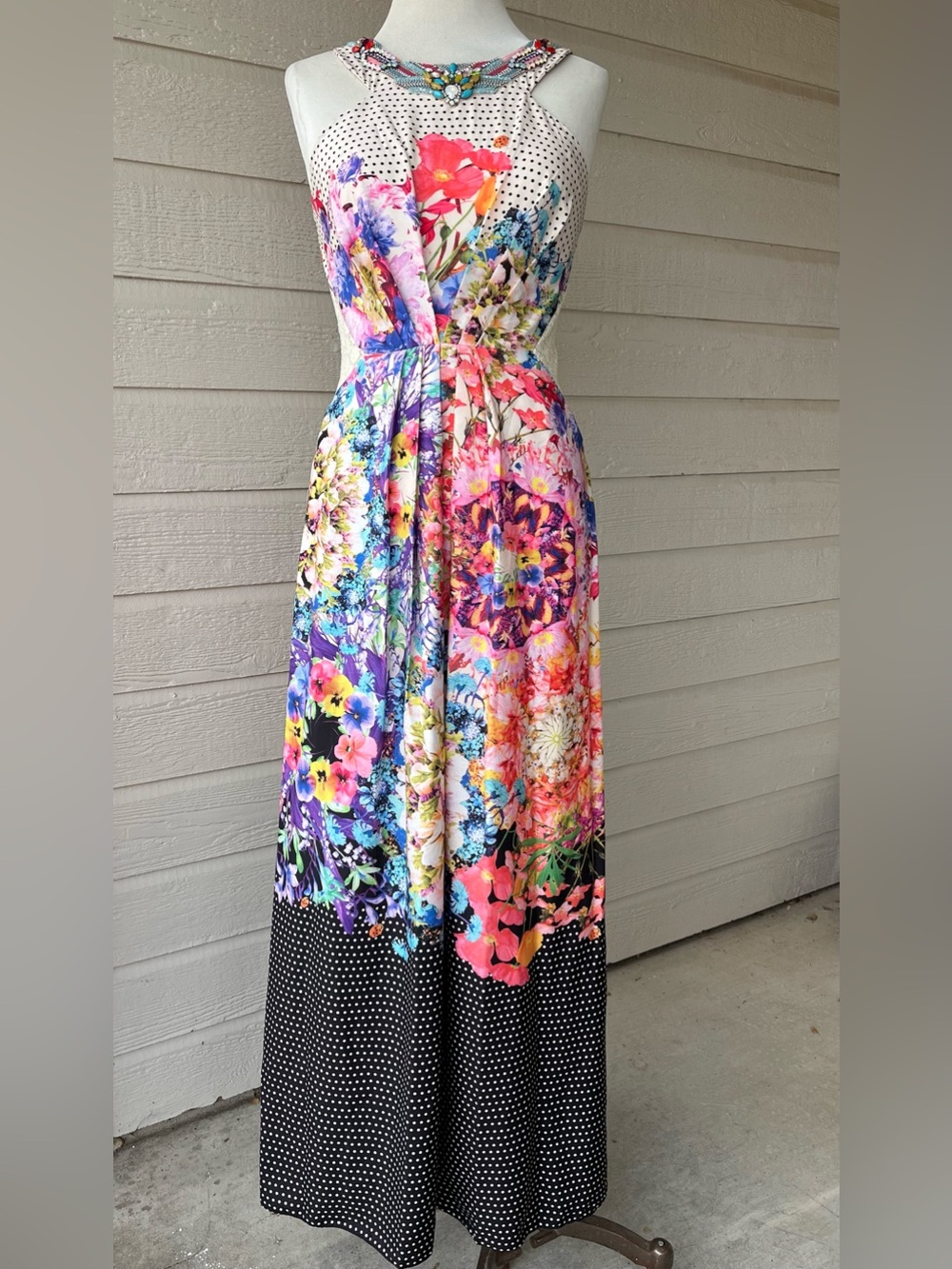 Ranna Gill Multicolor Floral Maxi with Black Polka Dot Hem Jeweled Halter Dress